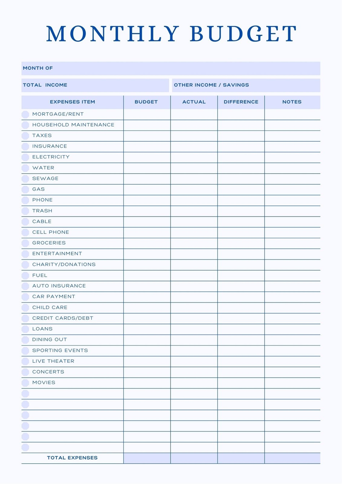 printable monthly household budget worksheet