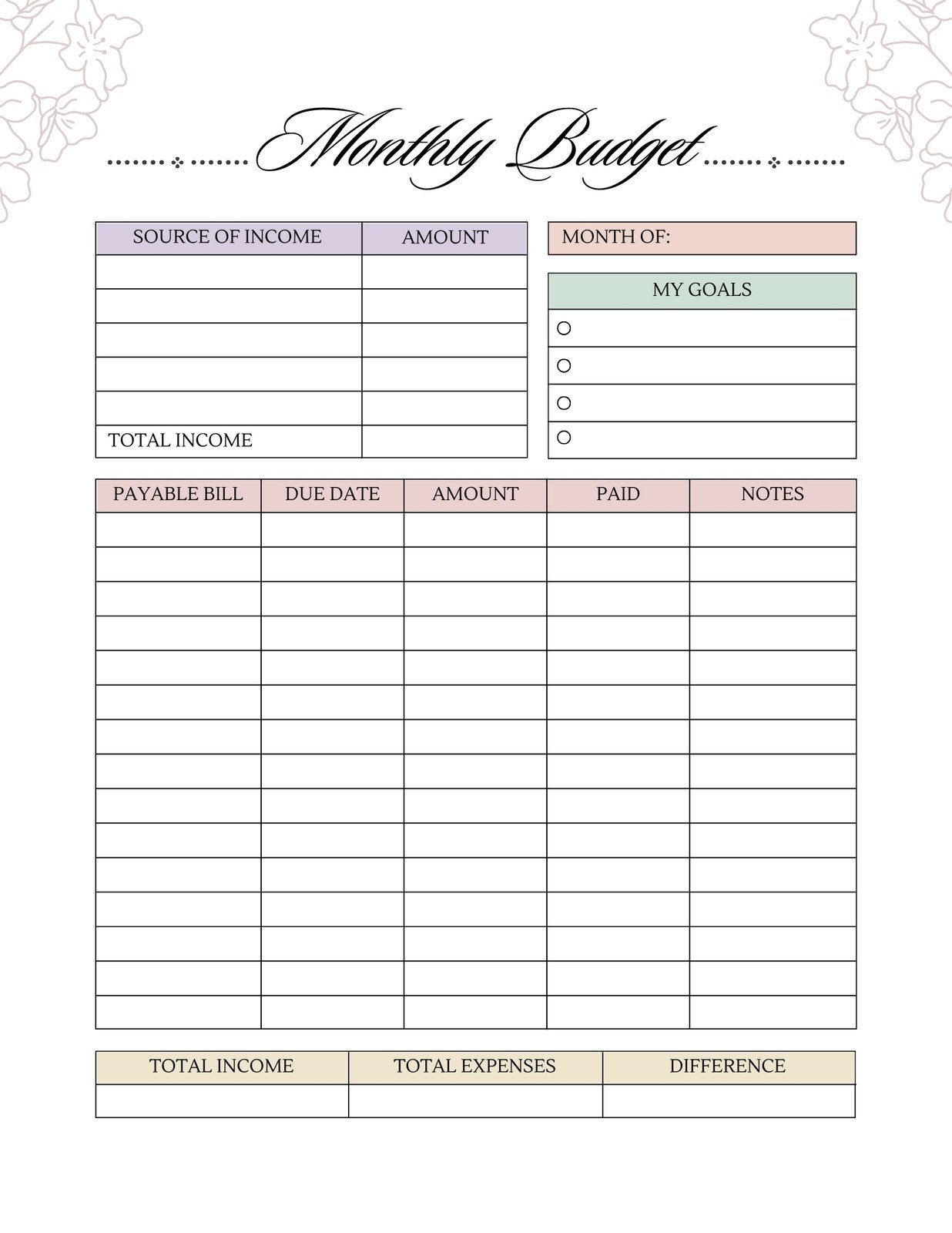 free printable printable budget worksheet