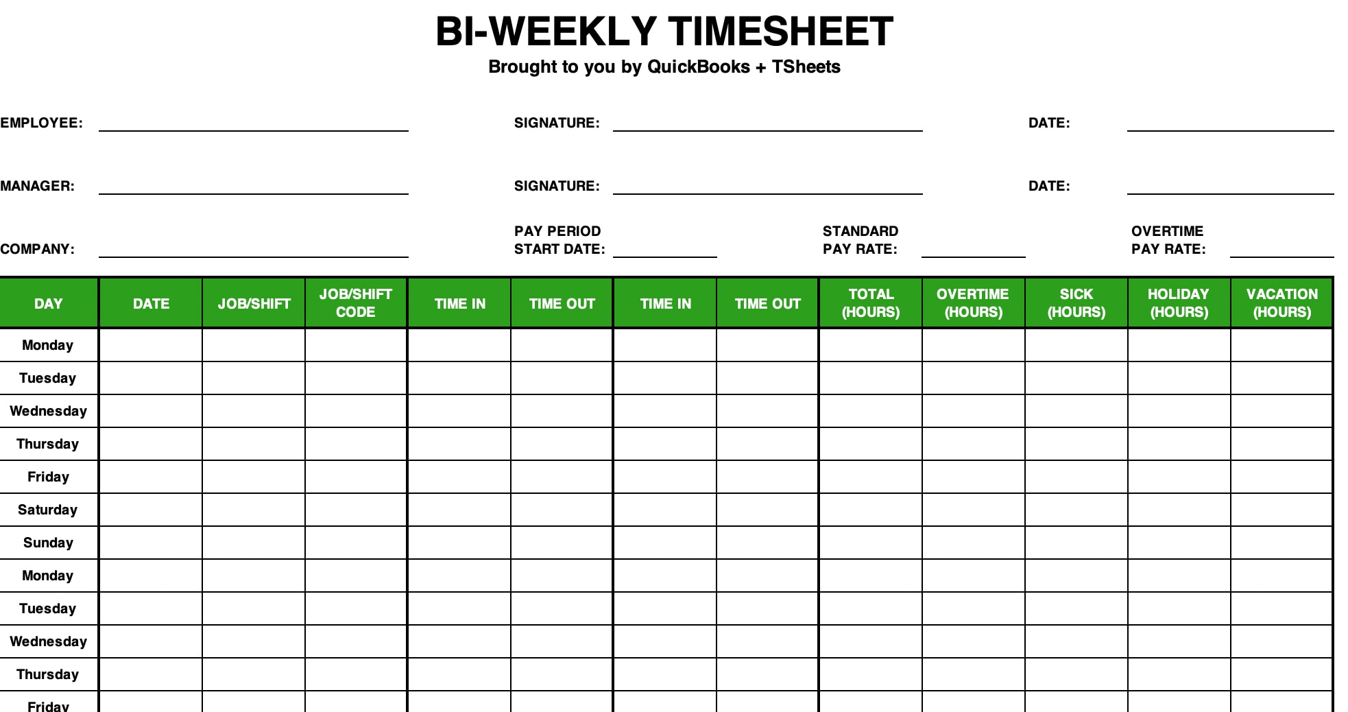 Free Bi Weekly Timesheet Template QuickBooks Canada Fillable Form 2025