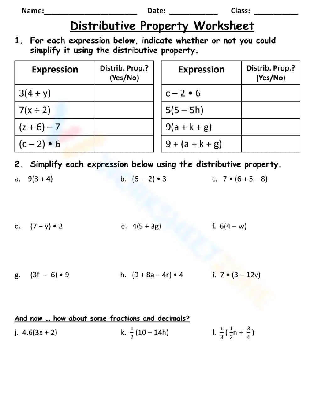 distributive properties worksheet