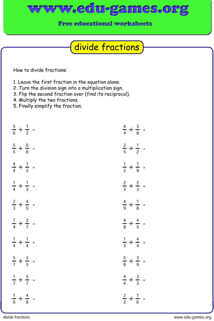 dividing fraction worksheets pdf