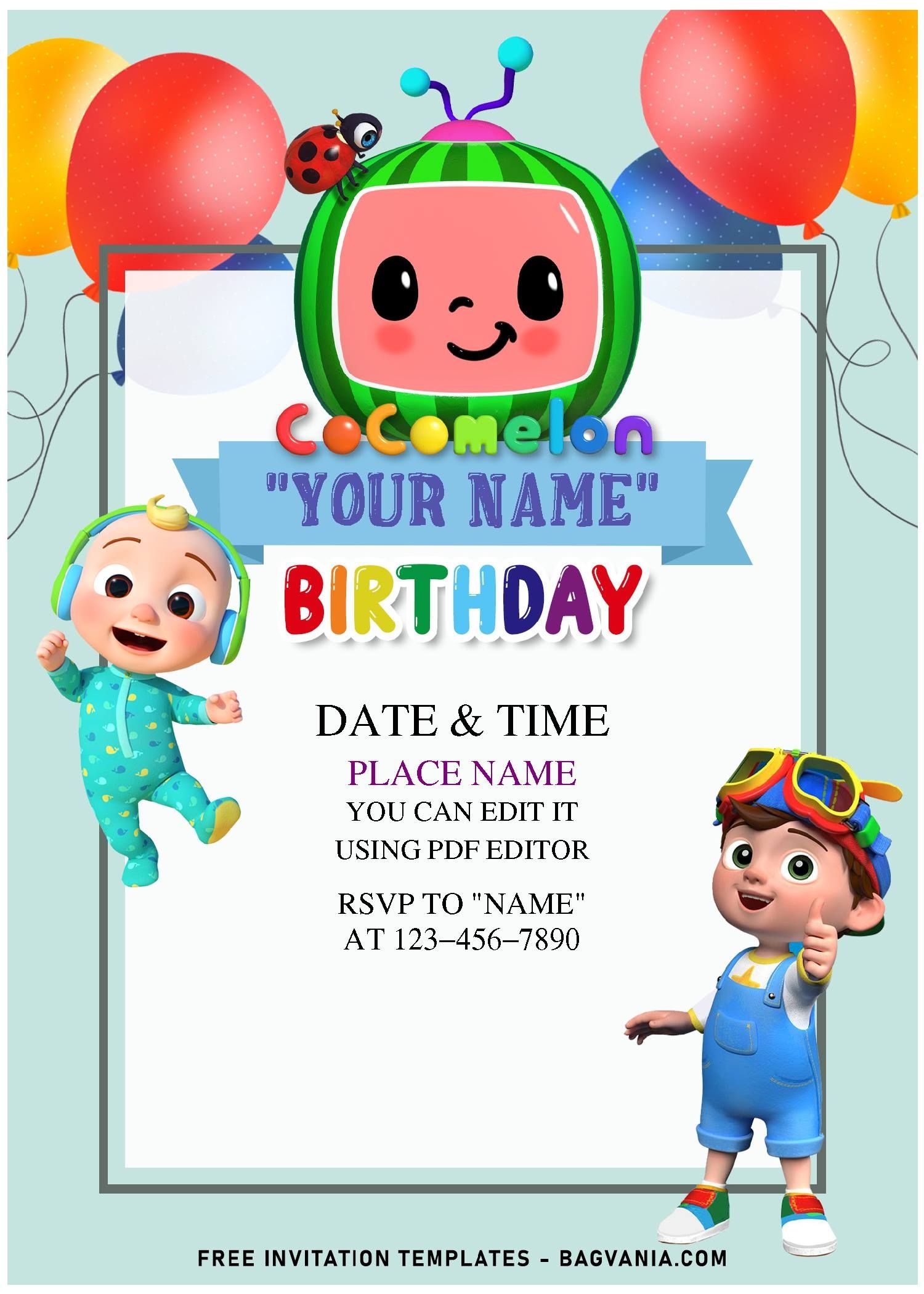 Free Editable PDF Colorful Balloons Cocomelon Birthday Invitation Tem