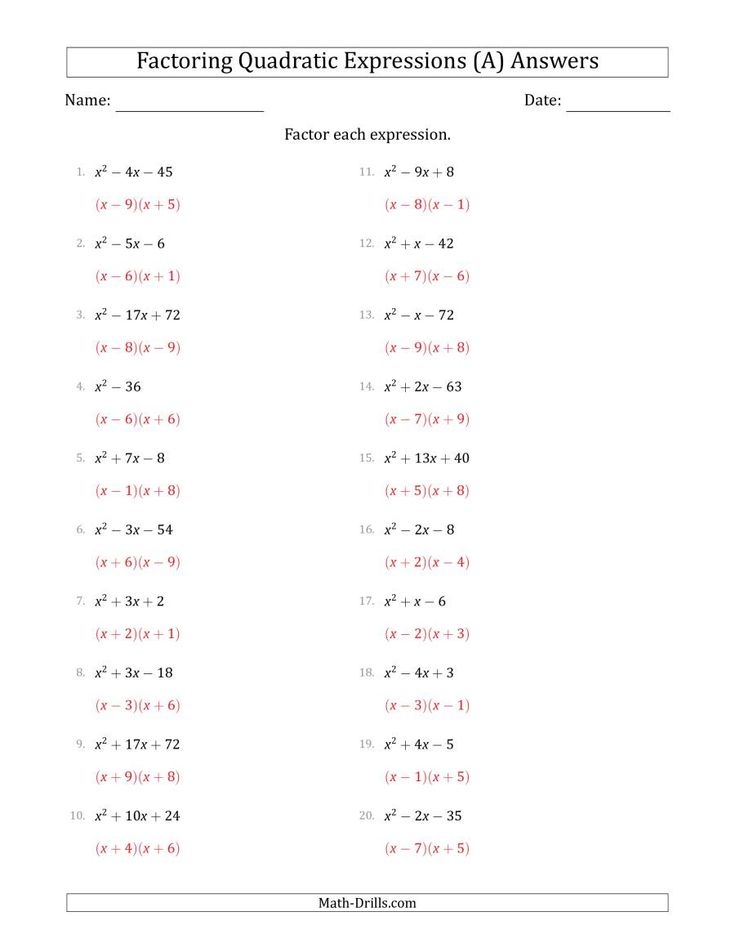 solving quadratic equations worksheet by factoring