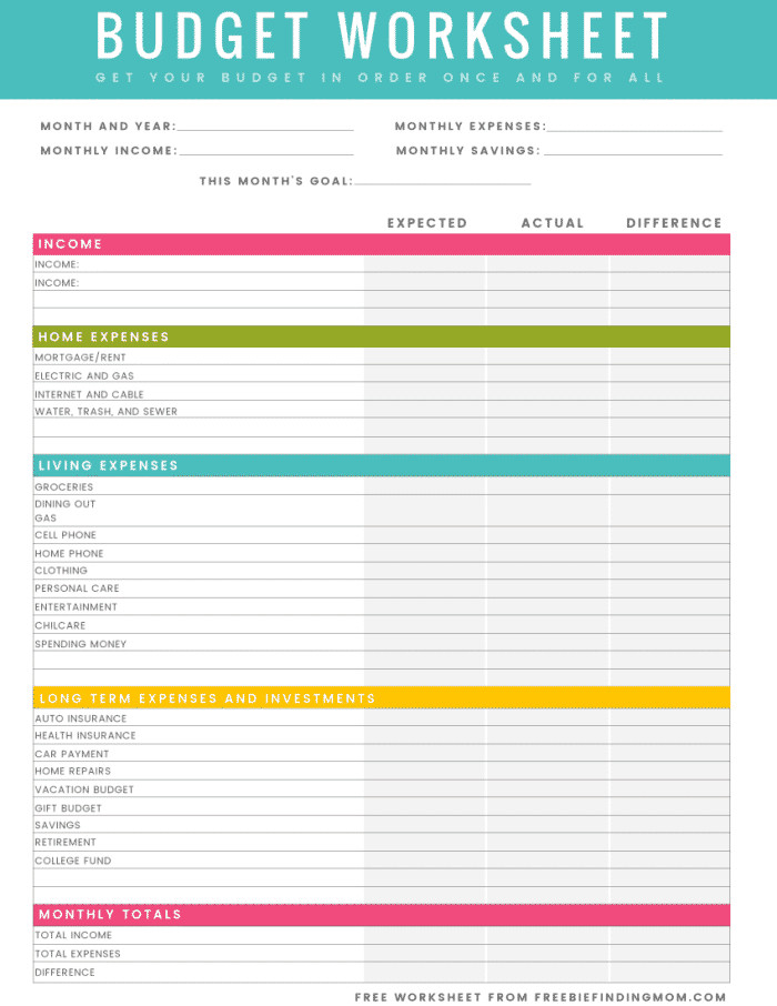 free printable budget worksheet for single person