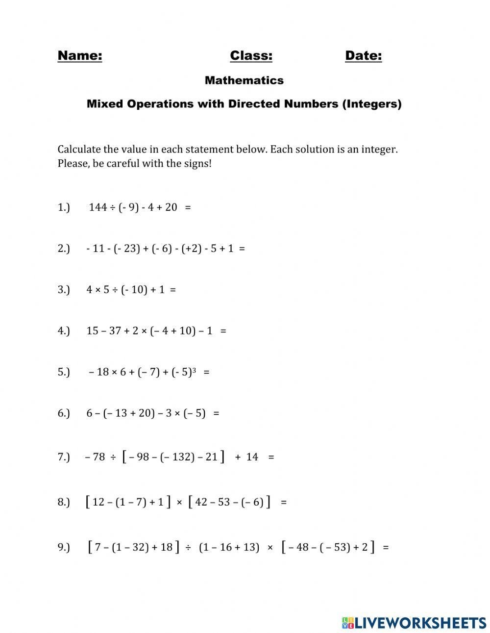 integer operations worksheet pdf