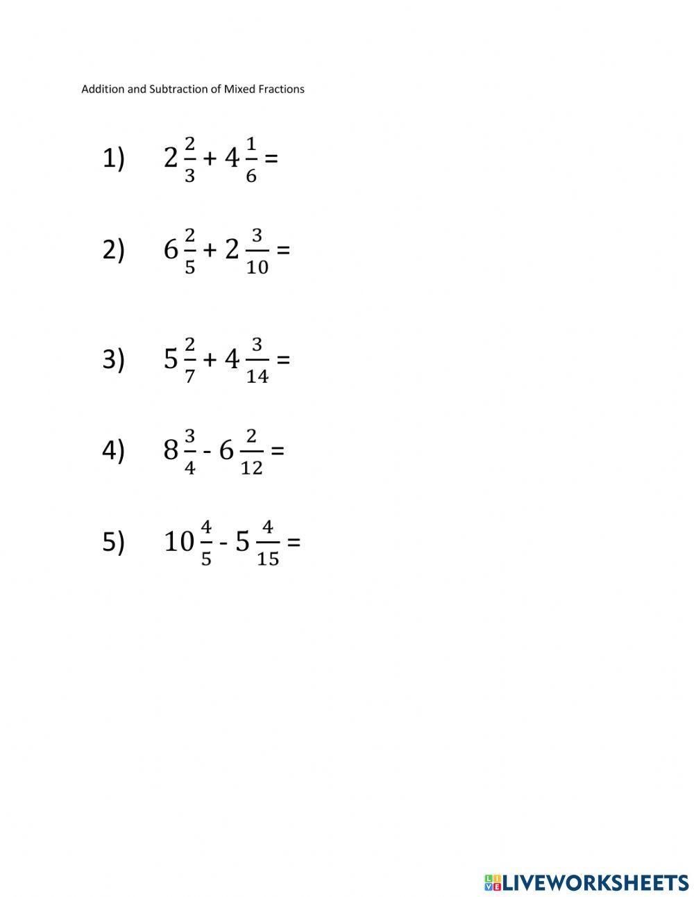 mixed number addition worksheet