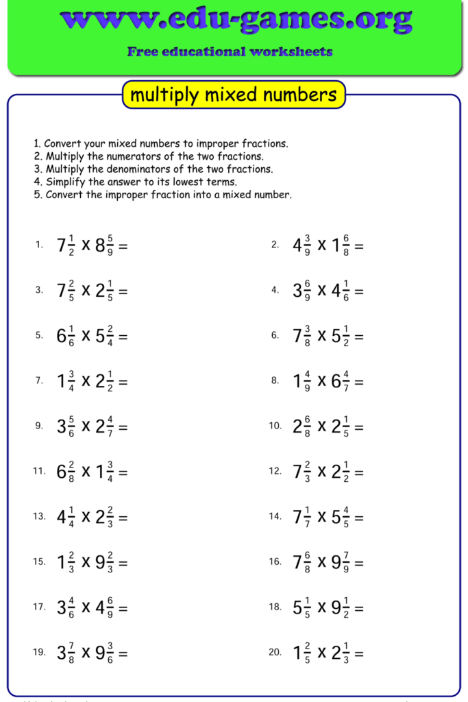 Free Multiplying Mixed Numbers Worksheets Multiplication Worksheets