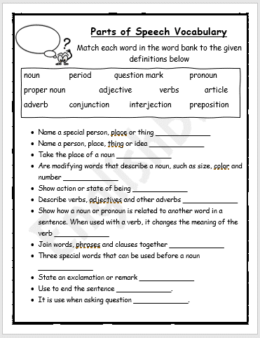 parts of speech worksheets with answers pdf