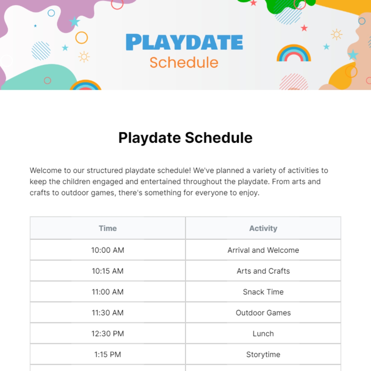 Free Playdate Schedule Template To Edit Online
