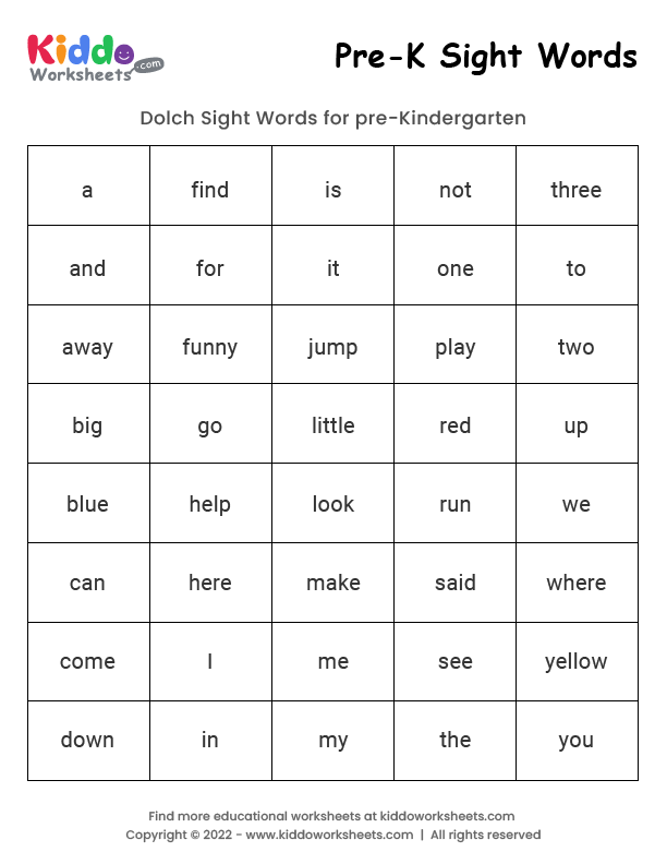 Free Printable Sight Words For Preschool Pre K Active Littles