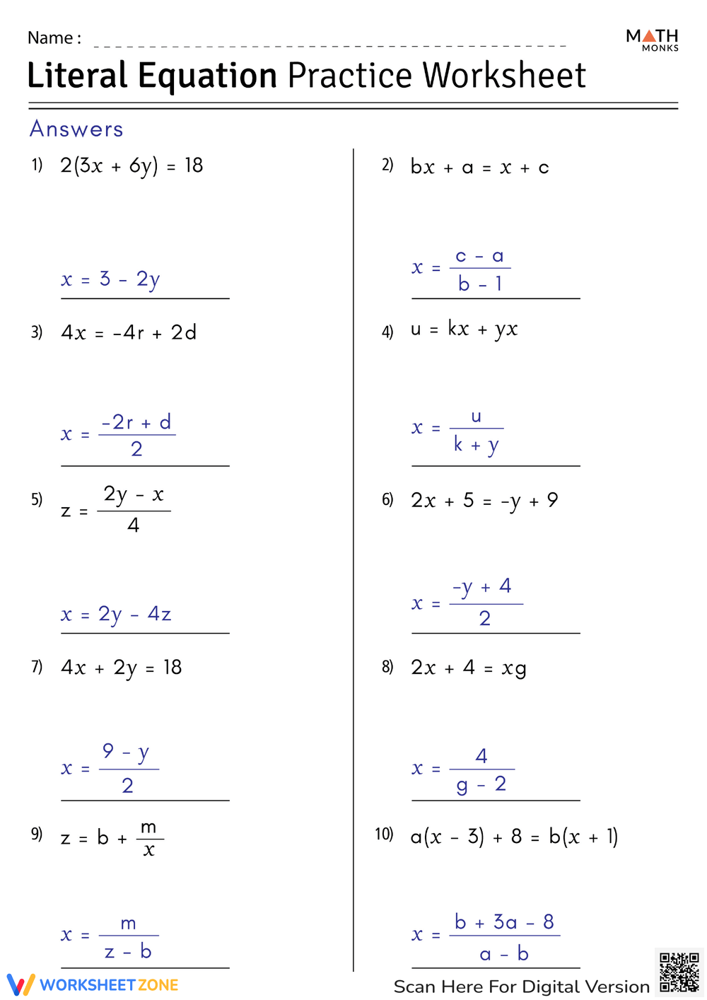 Free Printable Solving Literal Equations Worksheets Worksheets Library