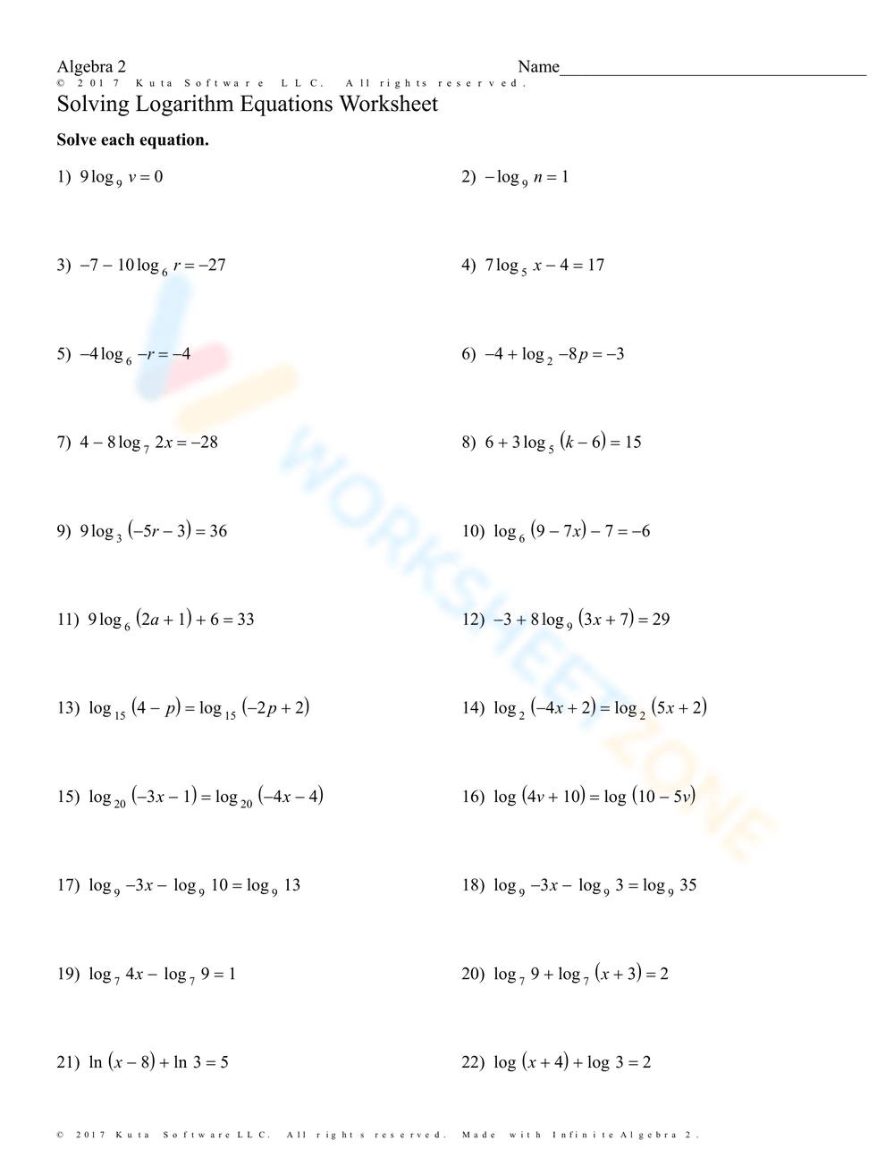 Free Printable Solving Logarithmic Equations Worksheets Worksheets 