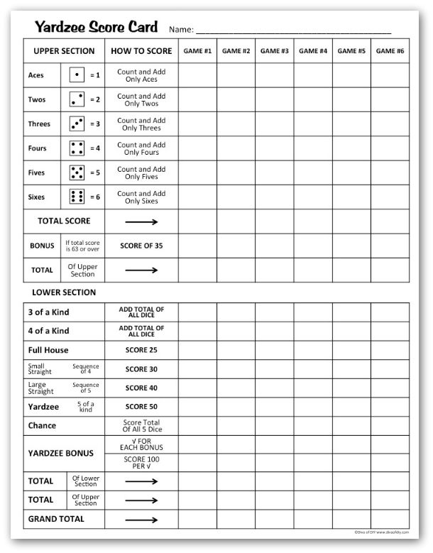 printable yardzee score card free