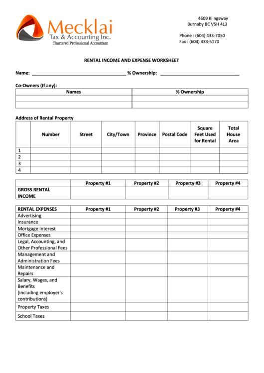 Free Rental Income And Expense Worksheet Excel Printable Online