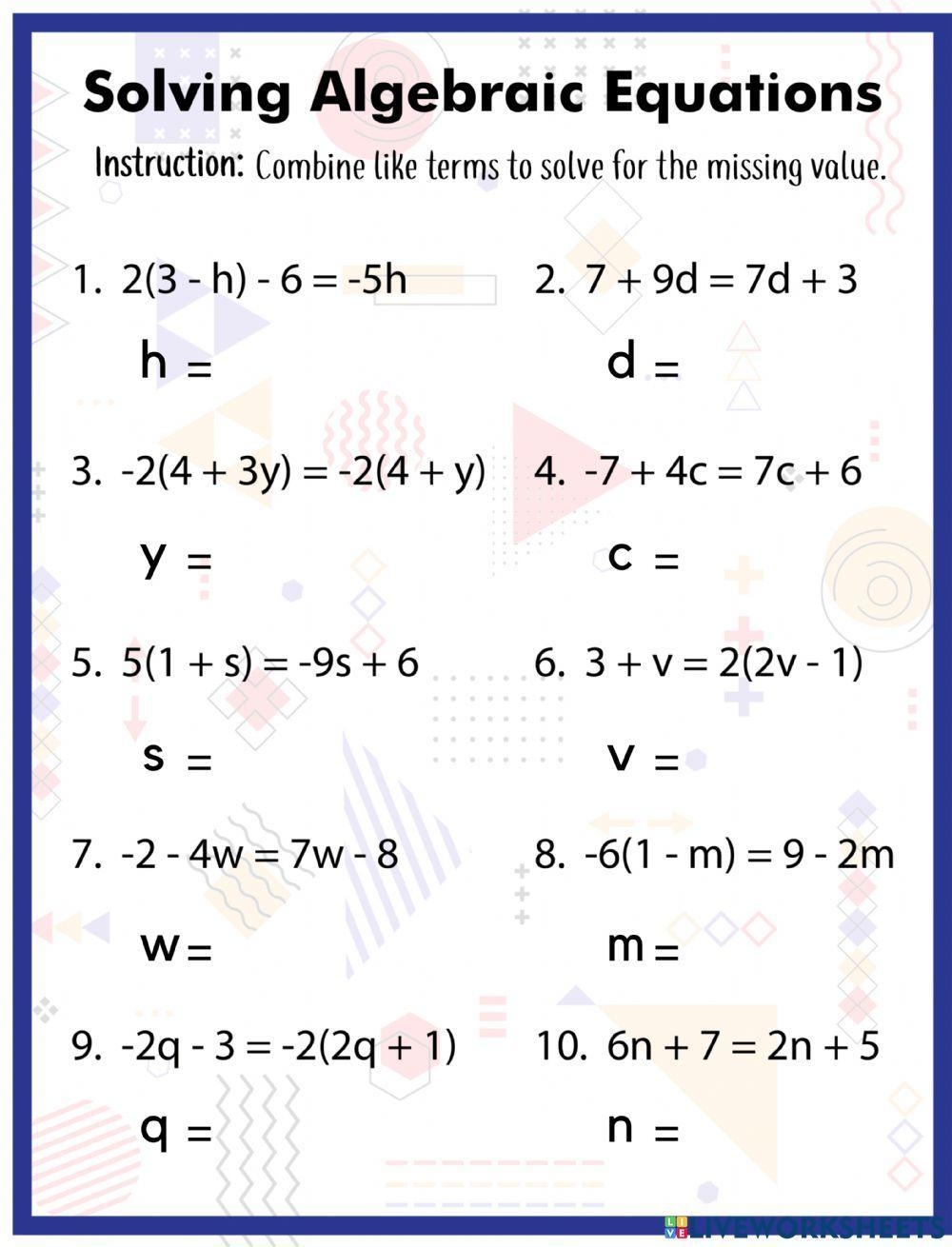 solving algebraic equations worksheets