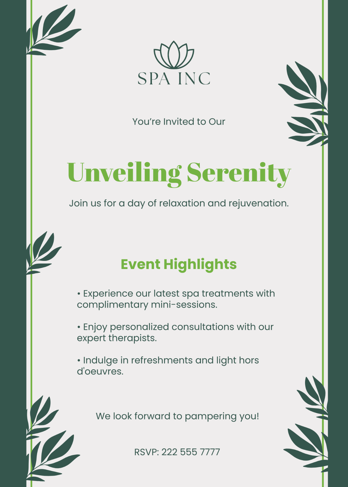 Free Spa Exclusive Invitation Template To Edit Online
