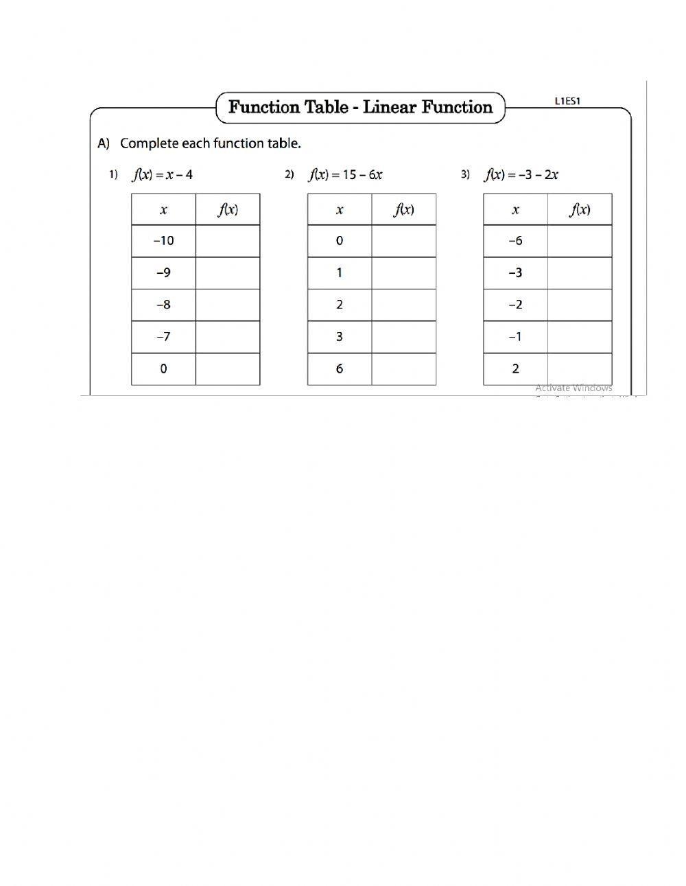 function tables worksheets