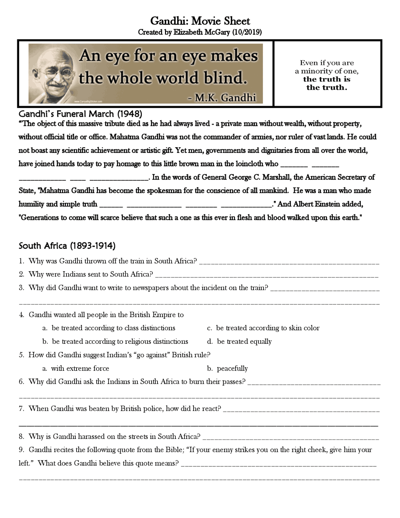 Gandhi Movie Answers docx Gandhi Movie Questions 1 The Film 
