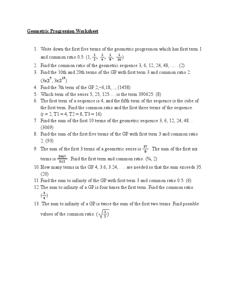 Geometric Progression Worksheet PDF Worksheets Library