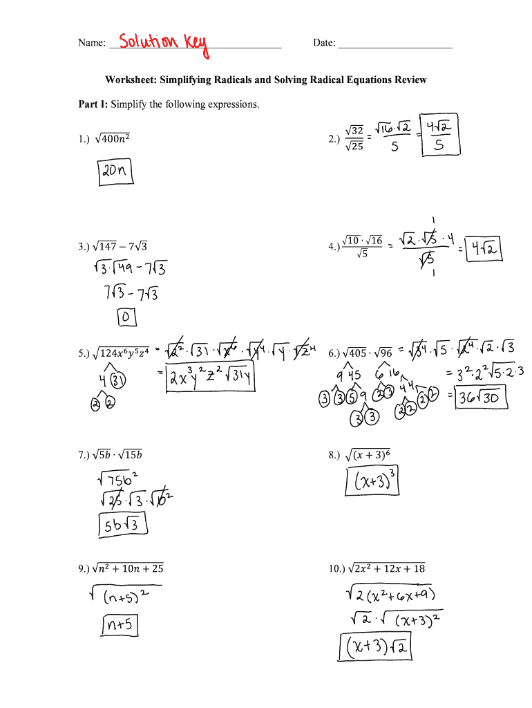 Geometry Simplifying Radicals Worksheet Answers Fill Online