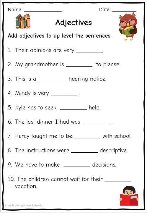 Grade 2 3 Adjective Worksheets English Free Printables 