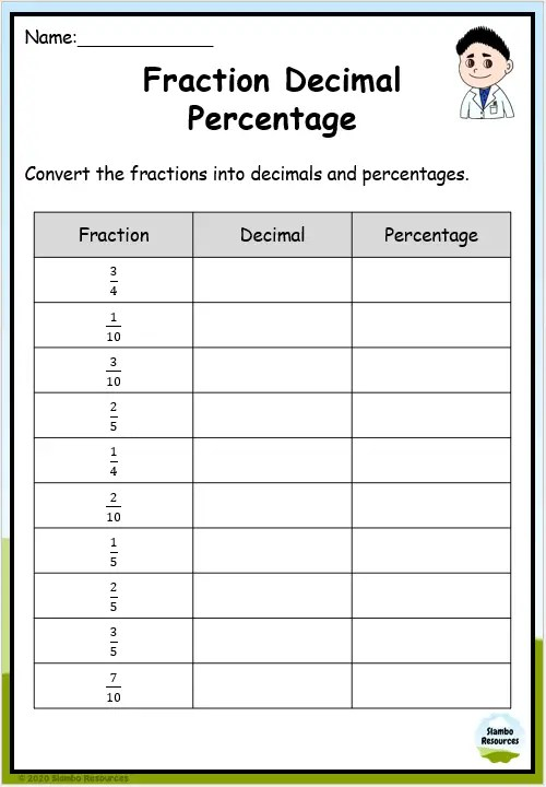 fraction to percent worksheet
