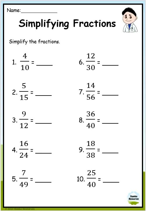 simplify fraction worksheet
