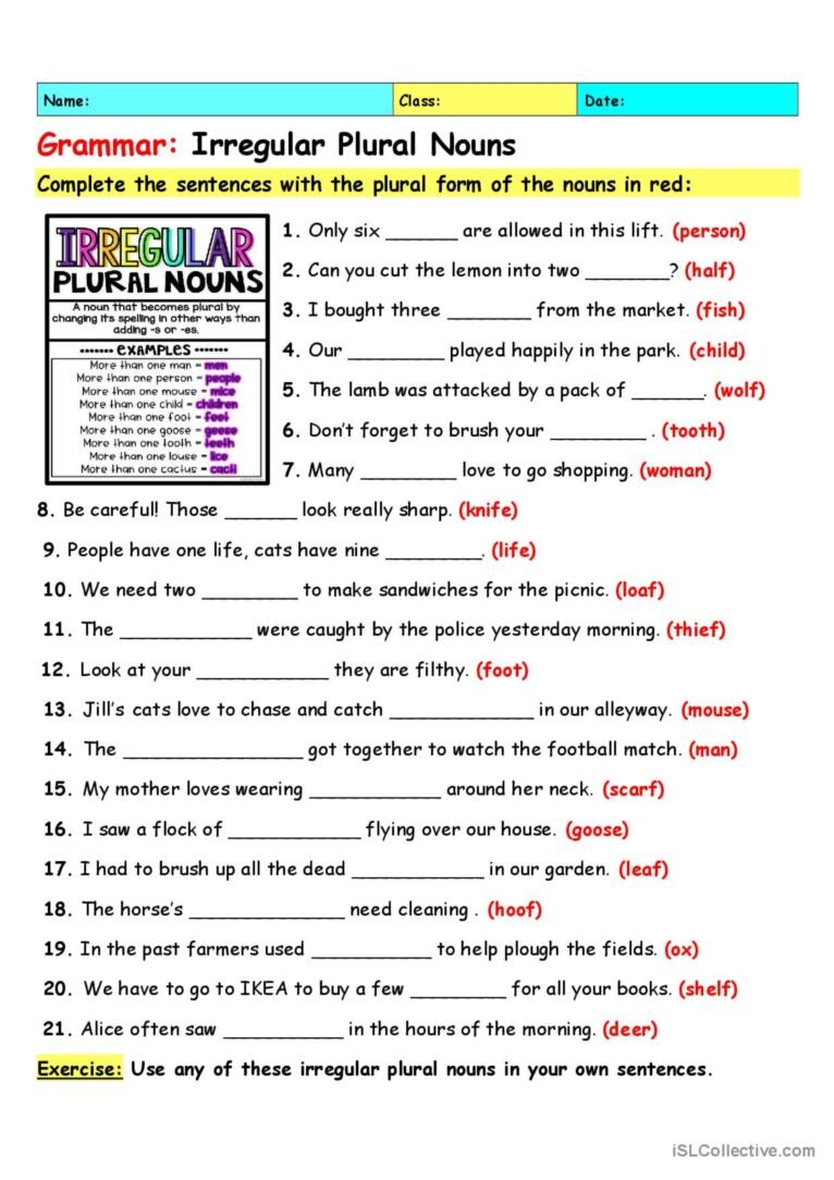 Grammar Irregular Plural Nouns Gene English ESL Worksheets Pdf Doc