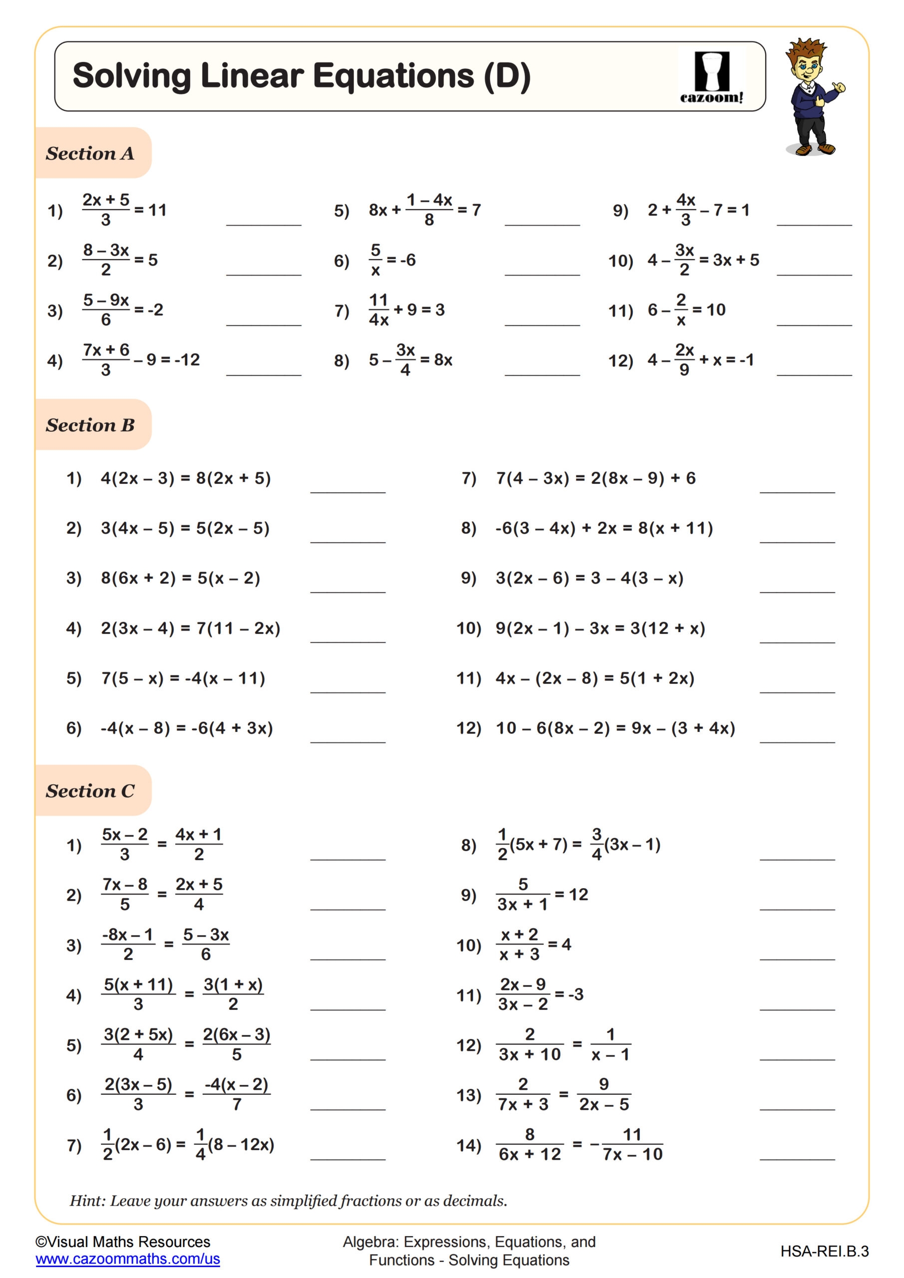 linear equations worksheet pdf
