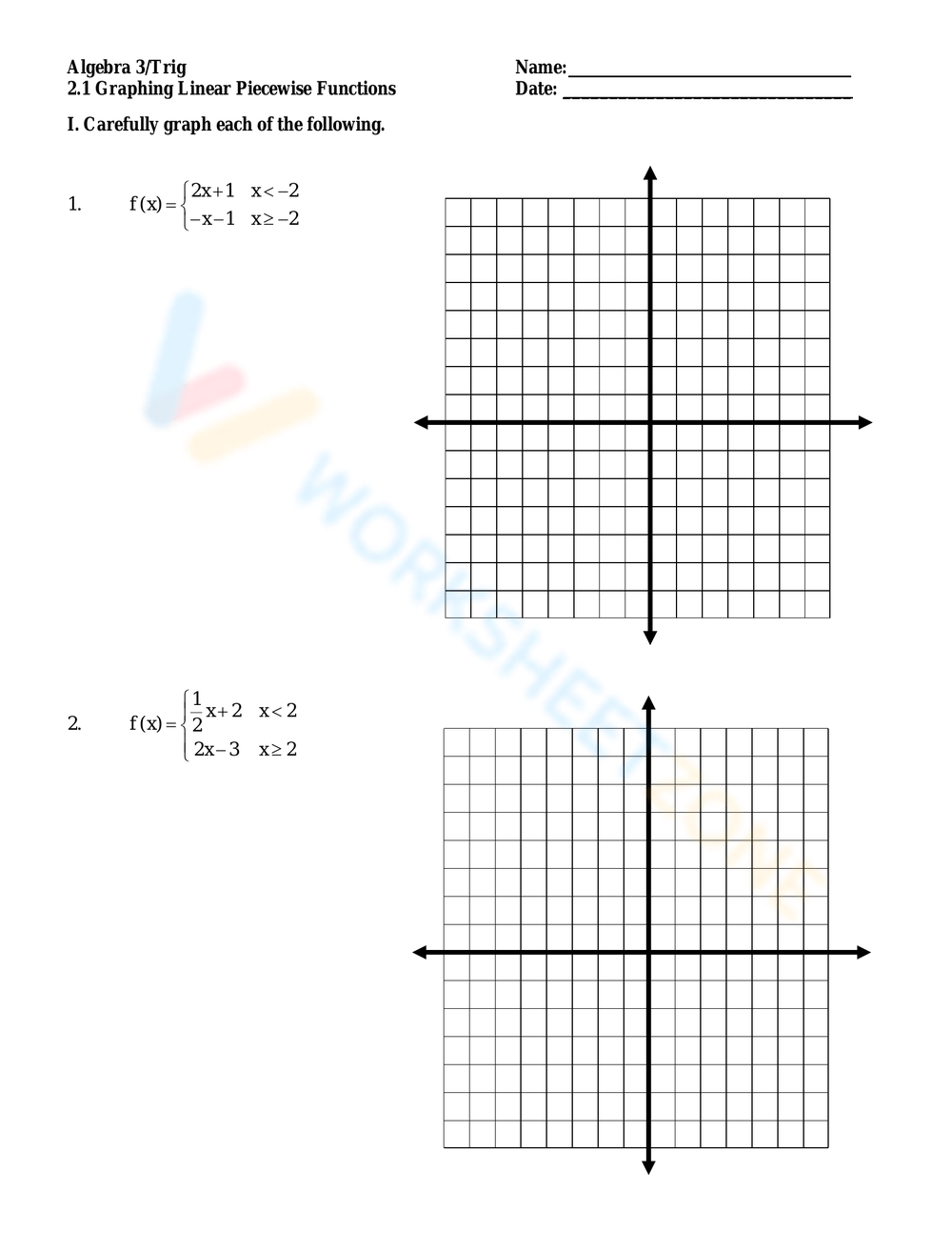 Graphing Linear Piecewise Functions Worksheet Worksheets Library