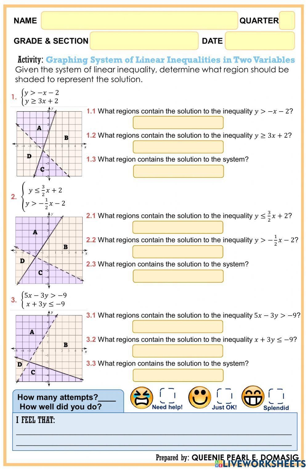 Graphing System Of Linear Inequalities In Two Variables Worksheet 