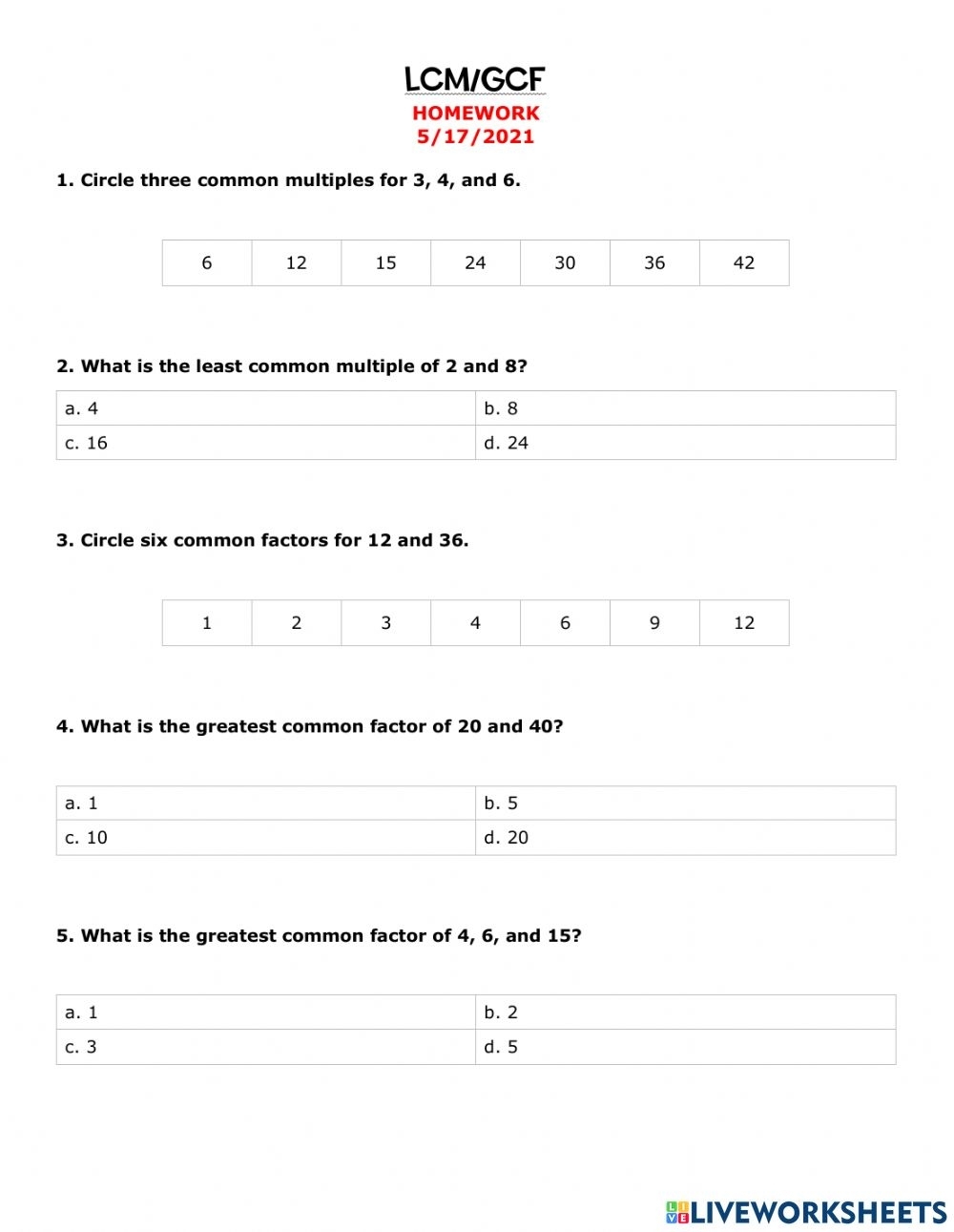 Greatest Common Factor And Least Common Multiple Worksheets Printable 