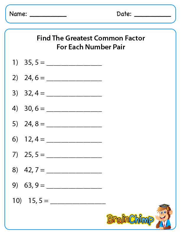 Greatest Common Factor Worksheets Free