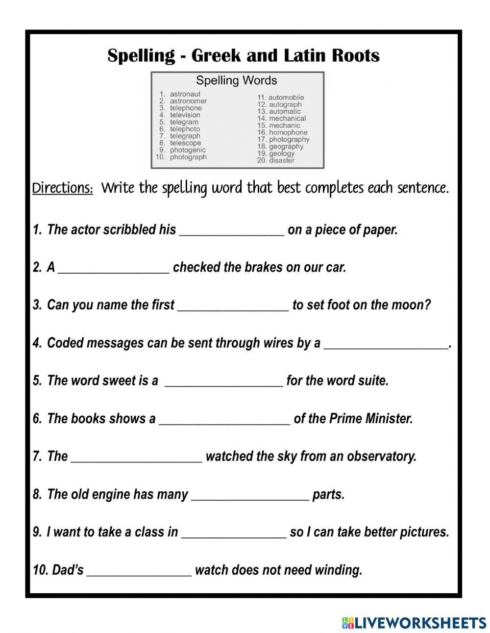 Greek And Latin Roots Interactive Worksheet Live Worksheets