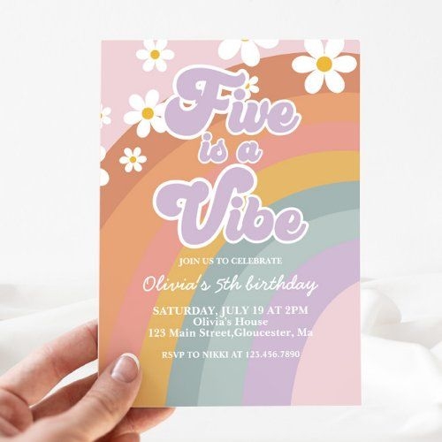 Groovy Five Is A Vibe Retro Rainbow 5th Birthday Invitation Zazzle