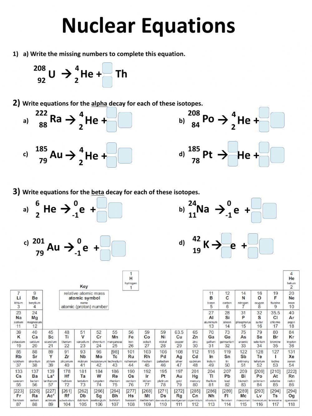 Half Life And Radioactive Decay Worksheet Nuclear Chemistry