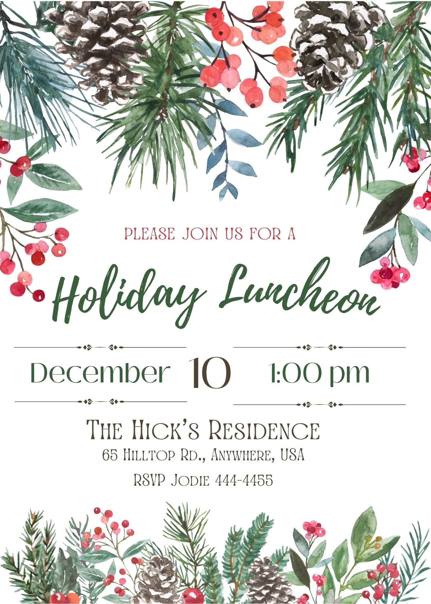 Holiday Luncheon Invitation INSTANT DOWNLOAD Christmas Party Invite 