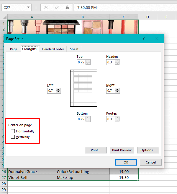 excel center worksheet horizontally