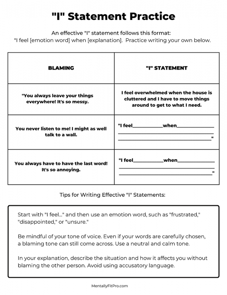 I Statements Worksheet Pdf Printable PDF Template