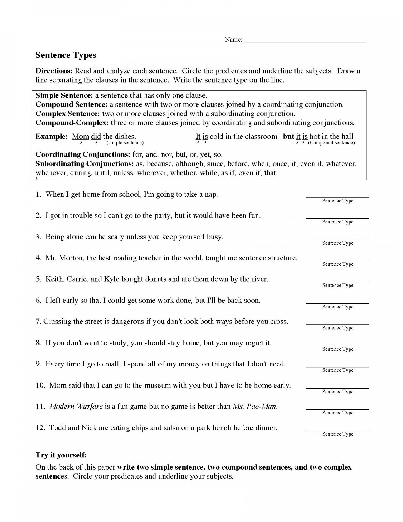 sentence types worksheet