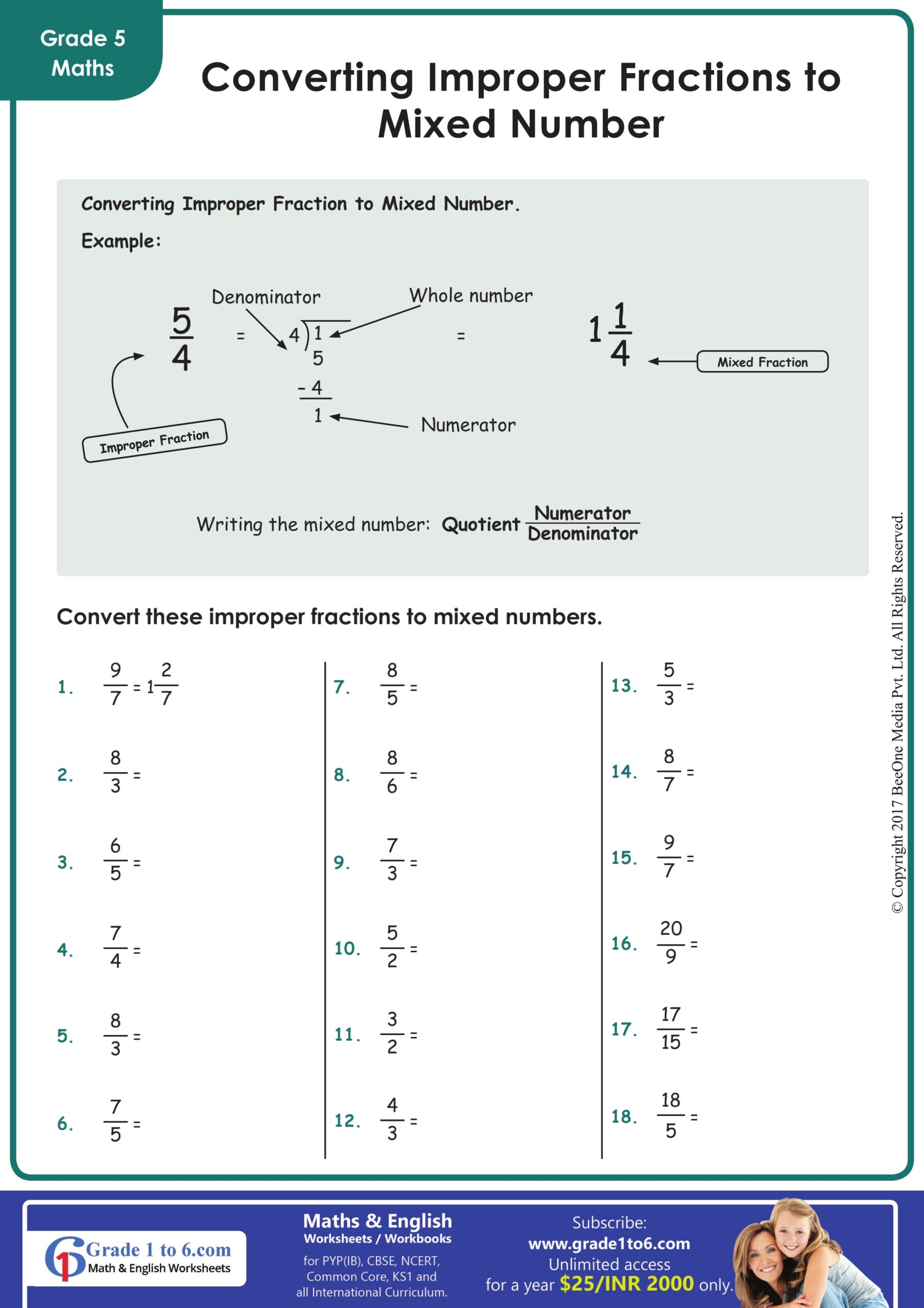 converting improper fractions and mixed numbers worksheet