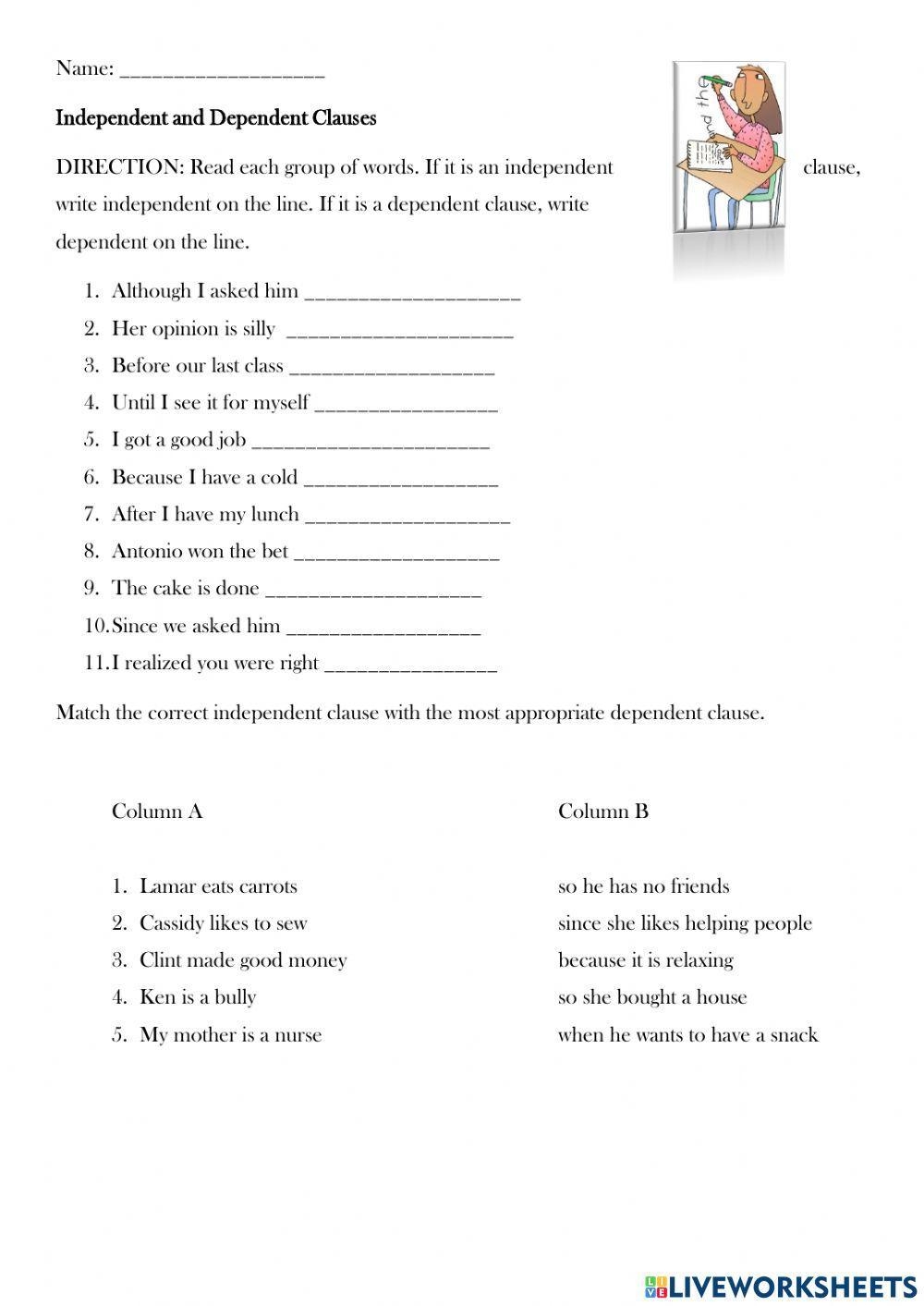 independent and dependent sentences worksheets
