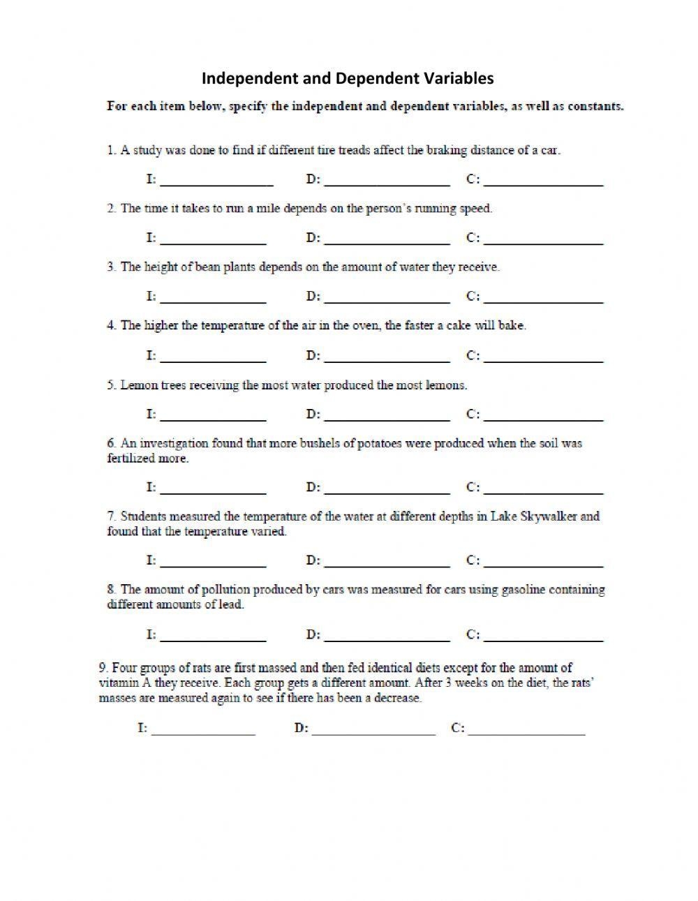 Independent And Dependent Variables Worksheet Live Worksheets