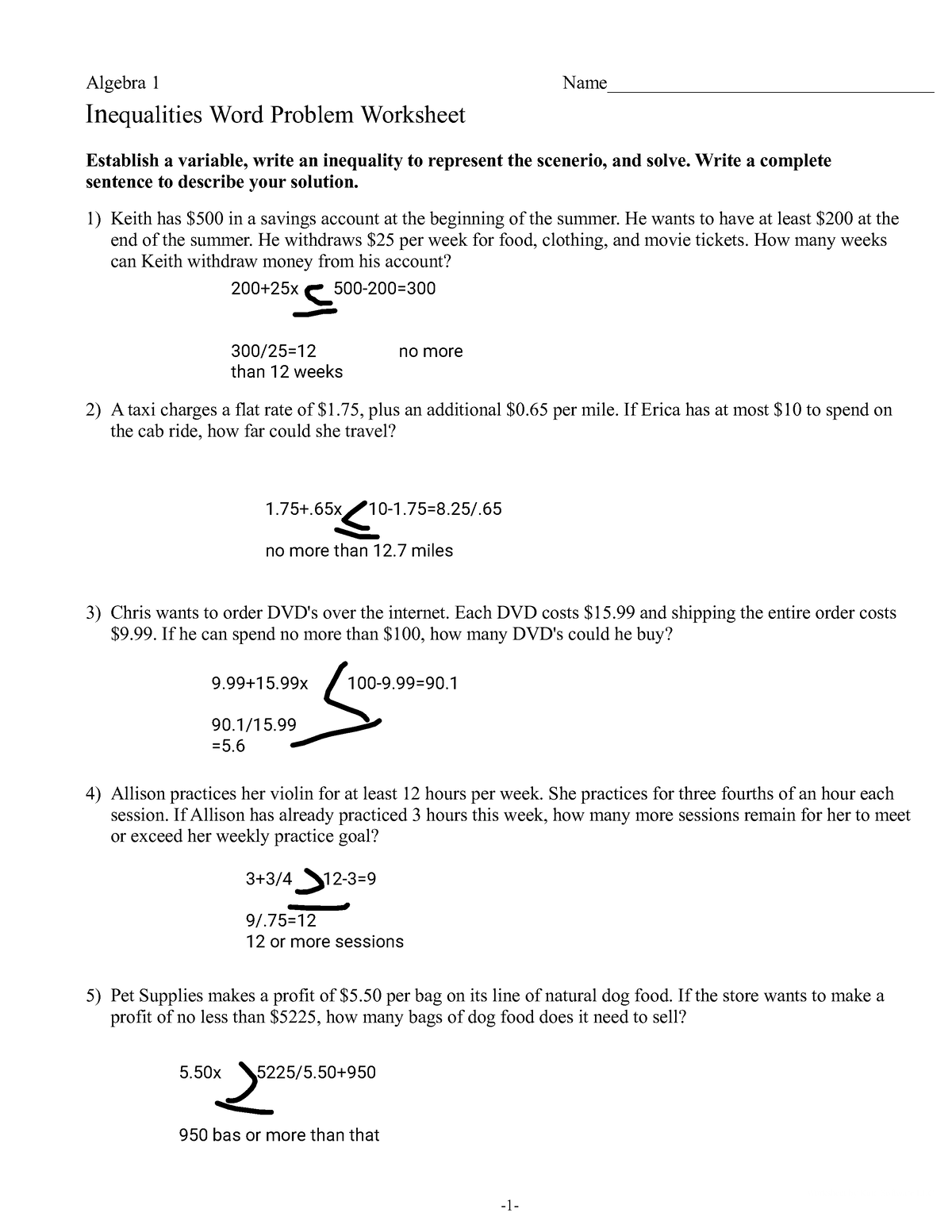 Inequality Word Problems WS Worksheet By Kuta Software LLC 