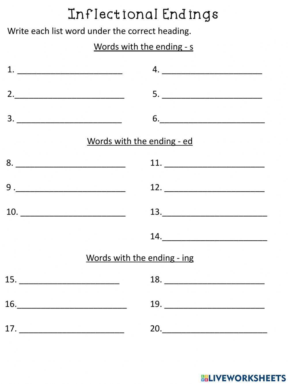 Inflectional Endings Worksheet 1 Worksheet Live Worksheets 