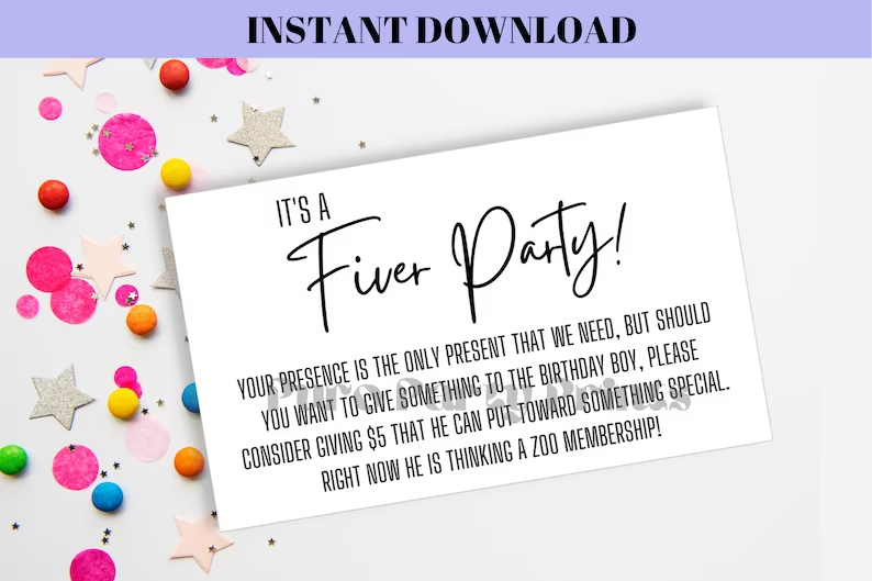 INSTANT Editable Fiver Party Enclosure Card Birthday Party Insert Card