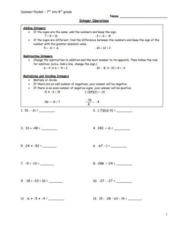 Integer Operations Worksheet PDF Free Download PRINTABLE