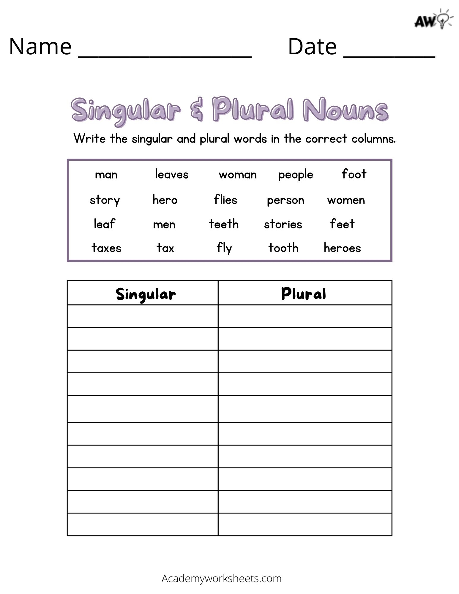nouns and plural nouns worksheets