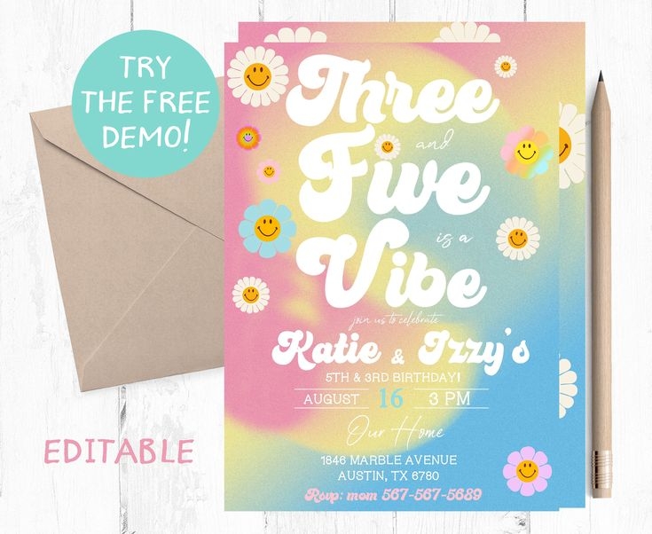 Joint Retro Invitation Template Five And Three Retro Editable 