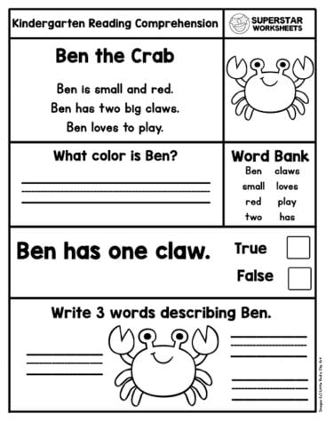 Kindergarten Reading Comprehension Worksheets Superstar Worksheets